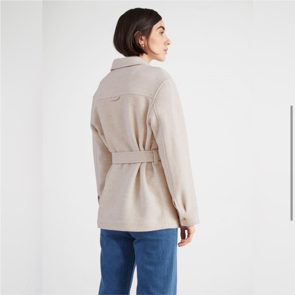 & Other Stories wool blend overshirt jacket Shacket tie waist in oatmeal - Picture 7 of 9